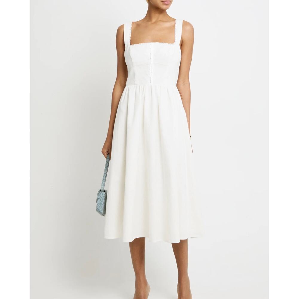 o.p.t Marina White Linen Midi Dress – Fitted Bodice w/ Lace Trim, Size 2 - Picture 2 of 10